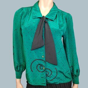 Vintage 80s Secretary Blouse Green Swirl Pattern Tie Neck Long Sleeve Petite M